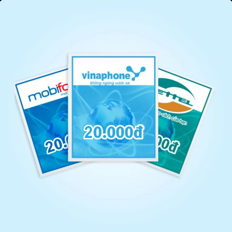 Thẻ nạp điện thoại 20k (Vinaphone, Mobiphone, Viettel)