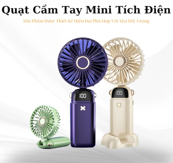 Quạt cầm tay mini PTLUXURY Pin 10.000mAh 5 Tốc Độ Gió Có Dây Đeo Cổ Và Đèn LED